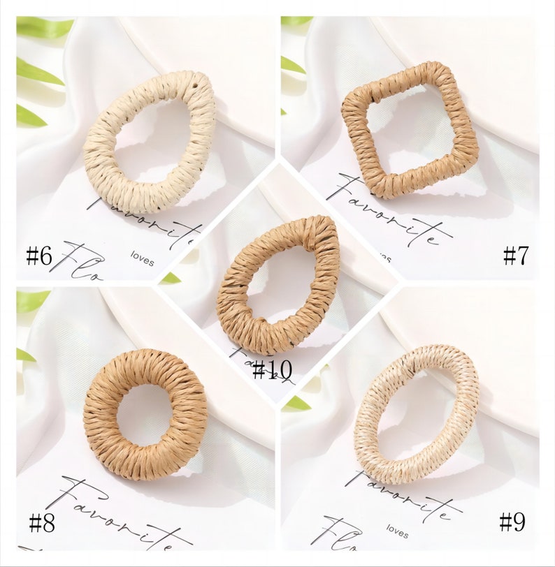 May include: Assortment of woven raffia rings in various shapes: teardrop, square, oval, and round. The rings are in shades of beige and tan, with a textured surface. The image includes the text "Favorite" and numbers.