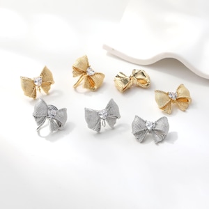 14K Gold Plated Textured Bow Findings With Heart CZ Zircon, Bow Stud Post, Clip On Earring & Pendant Base DIY Jewelry Supplies GZ975