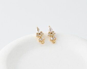 Cubic Zirconia Flower Post Earrings, Gold Plated Earring Post with Loop, Hypoallergenic, Handmade Earring Finding,DIY Earring Supplies D0680
