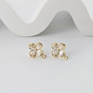 Cubic Zirconia Flower Post Earrings, Gold Plated Earring Post with Loop, Hypoallergenic, Handmade Earring Finding,DIY Earring Supplies D0263