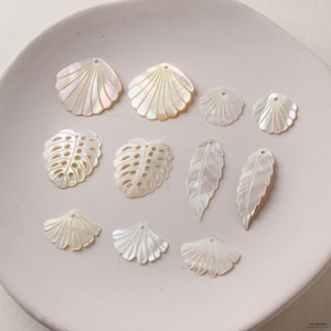 May include: A collection of white shell charms featuring a variety of shapes, including leaves, fans, and seashells. The charms have a pearlescent finish and are ideal for jewellery making or crafting.