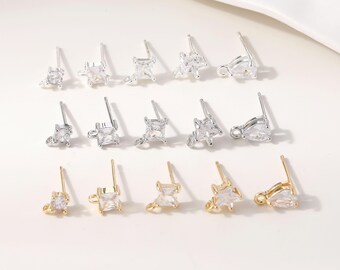 CZ-oorbelstiften met oogje, 5 vormen: vierkant/ruit/druppel/ster/rond, verguld met CZ-stiftjes voor het maken van sieraden GZ980