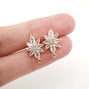 Cubic Zirconia Flower Post Earrings, Gold Plated Earring Post with Loop, Hypoallergenic, Handmade Earring Finding,DIY Earring Supplies D0261