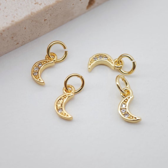 Cubic Crescent Moon Charm, 18K Gold Plated Moon Pendant, Clear