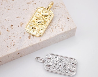 Gold Evil Eye Card Charms, Micro CZ Pave Moon and Star Pendant, 18K Gold Plated Brass, Necklace Making Charms, Jewelry Findings S1005