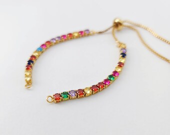 Cadena ajustable para hacer pulseras, cadena de tenis con pavé de circonitas cúbicas de arcoíris, chapada en oro de 18 quilates, cadena deslizante semiacabada con tope de goma S1233