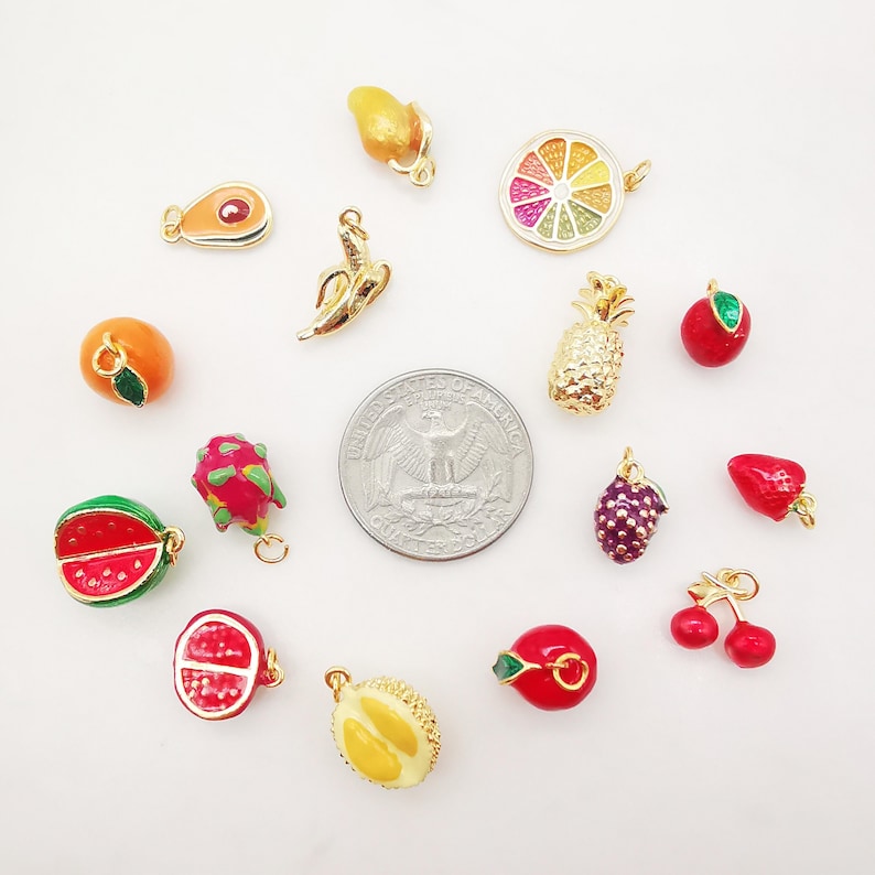 Enamel 3D Fruit Collection Pendants, Strawberry Apple Durian, 18K Gold ...