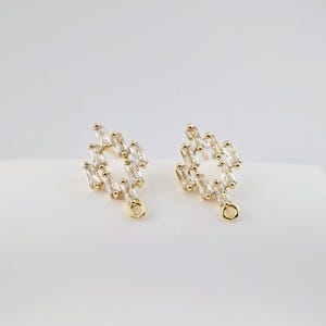 CZ Rhombus-shaped Post Earrings, Gold Plated Earring Post with Loop, Hypoallergenic, Handmade Earring Finding, DIY Earring Supplies D0264