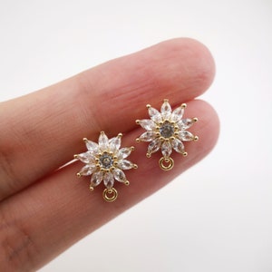 Cubic Zirconia Flower Post Earrings, Gold Plated Earring Post with Loop, Hypoallergenic, Handmade Earring Finding,DIY Earring Supplies D0031