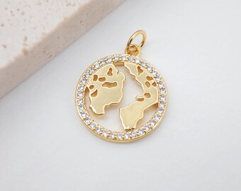 2pcs World Charm, Cubic World Map Pendant, 18K Gold Plated Earth Pendant, 17mm, Necklace Making Charms, Jewelry Findings S933