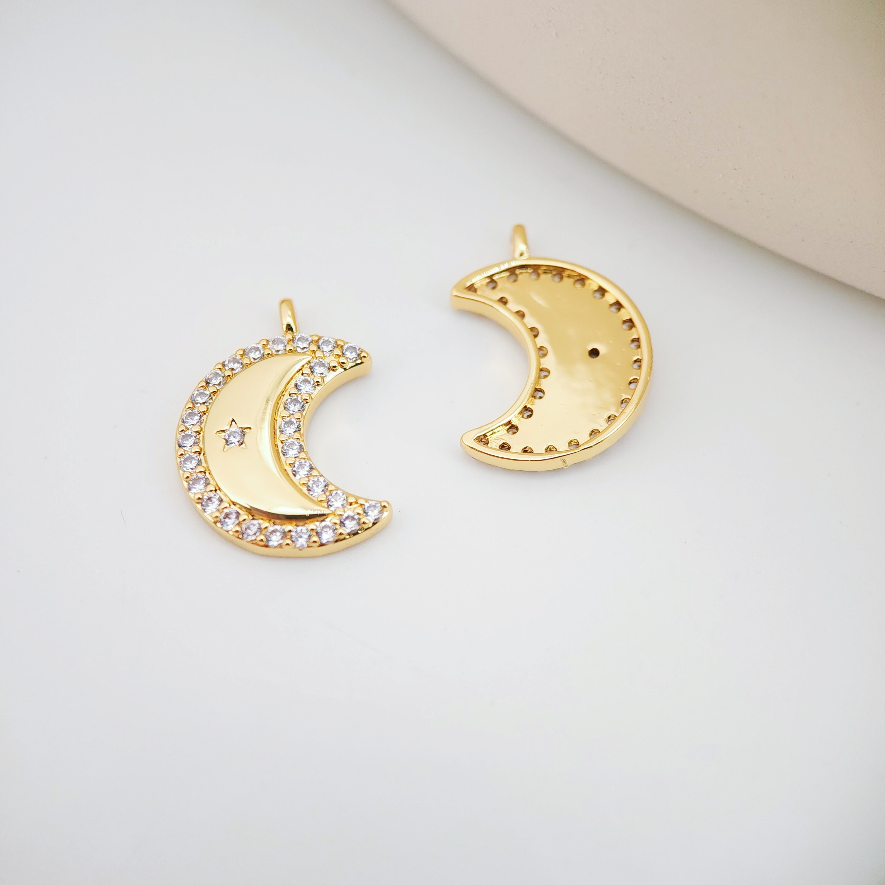 Cubic Crescent Moon Charm, 18K Gold Plated Moon Pendant, Clear