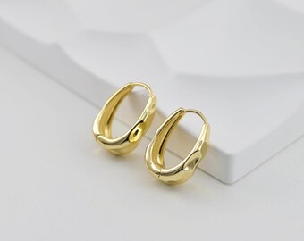Gold Oval Ear Hoops, 18K Gold/Silver Plated Leverback Earrings, Huggie Hoops Earring D0565