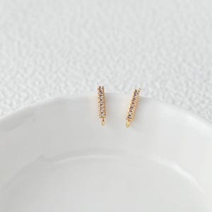 May include: A pair of gold-tone bar earrings, each set with small, clear gemstones. The earrings are presented on a white, curved surface, offering a clean and elegant display. The gemstones glint, reflecting the light.