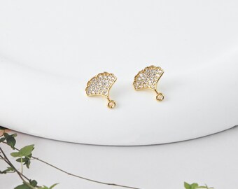 Cubic Zirconia Leaf Post Earrings, Gold Plated Earring Post with Loop,Hypoallergenic,DIY Earring Findings,Handmade Earring Supplies D0700