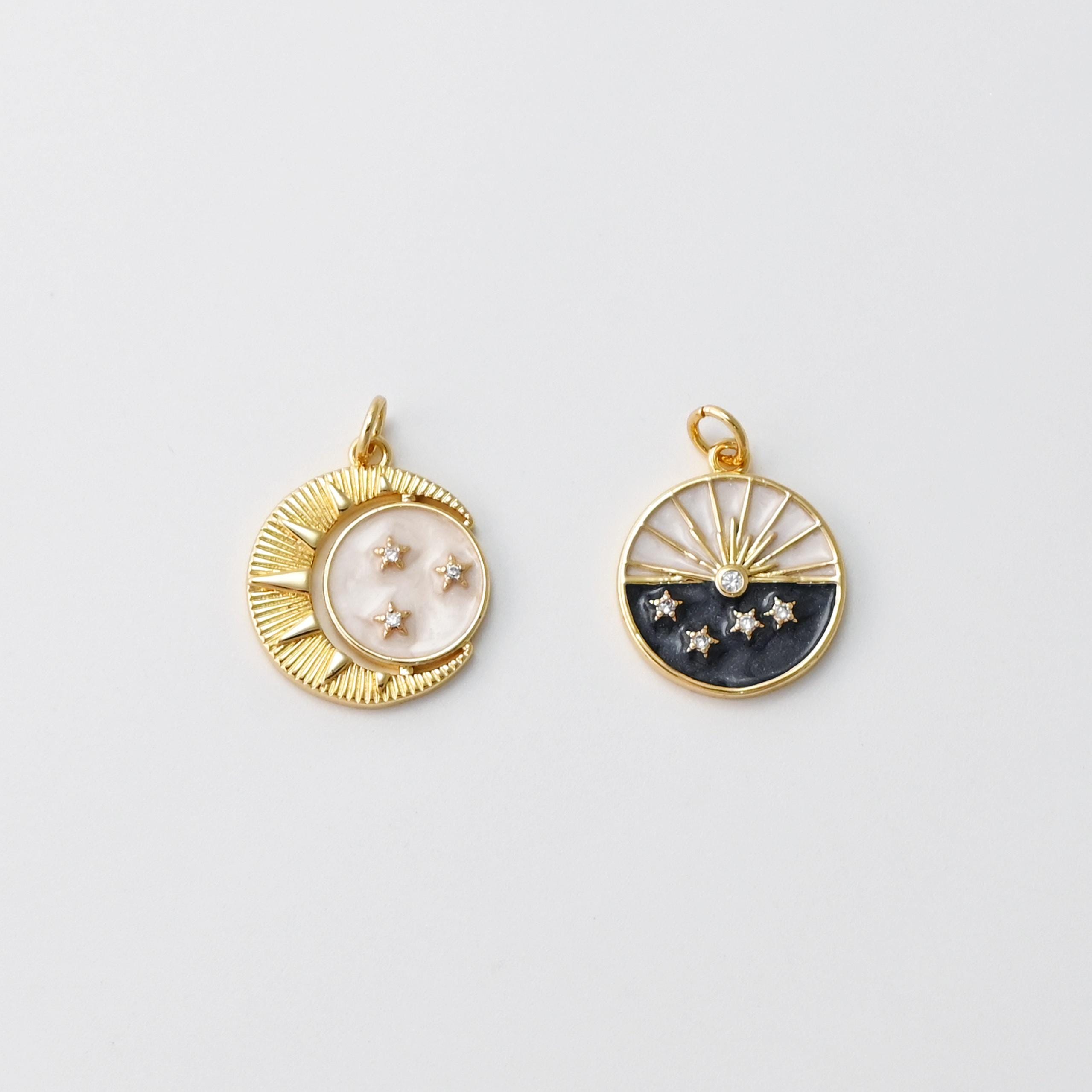 Enamel Cubic Moon & Star Charm, 18K Gold Plated Multicolor Pave