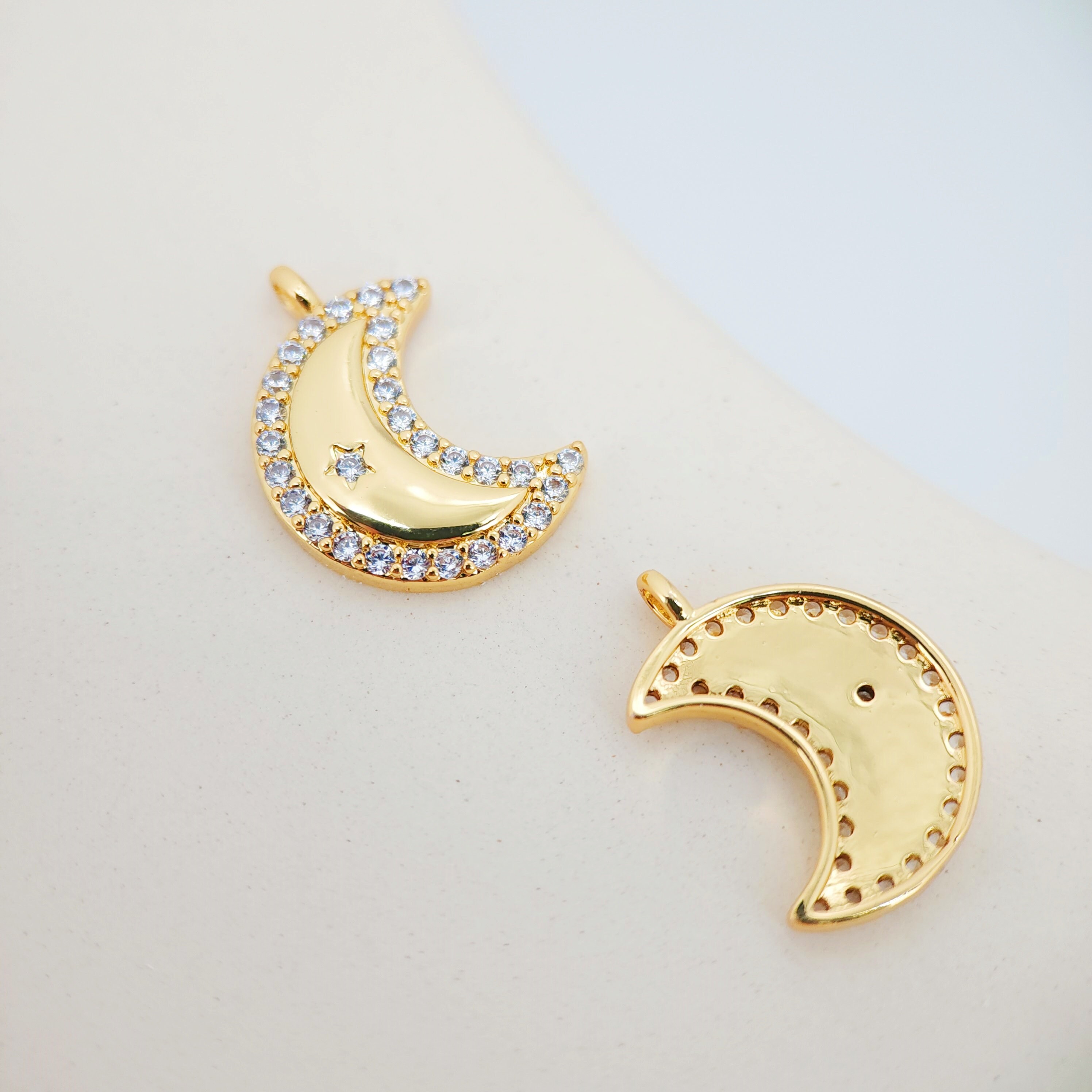 Cubic Crescent Moon Charm, 18K Gold Plated Moon Pendant, Clear