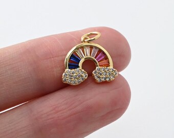 Dainty Rainbow Cloud Charm, Colorful Micro CZ Pave Rainbow Pendant, 14mm, 18K Gold Plated, Necklace Making Charm, Jewelry Findings S118