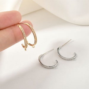 Orecchini a perno a forma di C con anello, placcati in oro/argento 14 carati, orecchini a perno senza nichel, pietra cubica pavé, componenti per orecchini YL002