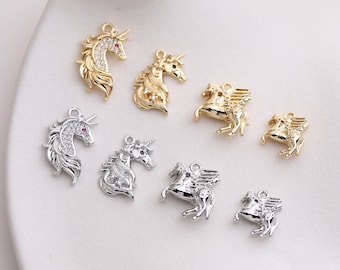 Unicorn & Pegasus Charm, Micro Pave CZ 3D Pendant, 14K gold Plated, Animals Findings For DIY Earring Bracelet Necklace Jewelry Making GZ1036
