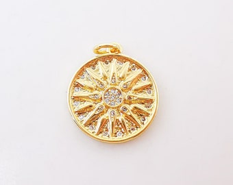 Charme solaire en or, Pendentif rond Sun With Rays, plaqué or 18 carats, 17 mm, Charme de fabrication de collier, Découvertes de bijoux S348