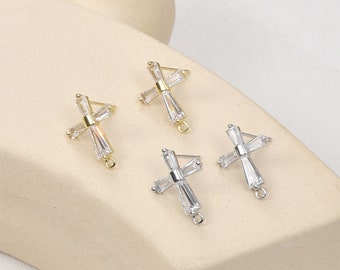 Cubic Cross Post with Loop, S925 Silver Ear Pin Nickel Free Earring, Gold/Silver Cross Ear Stud, Hypoallergenic Earring Finding LL226