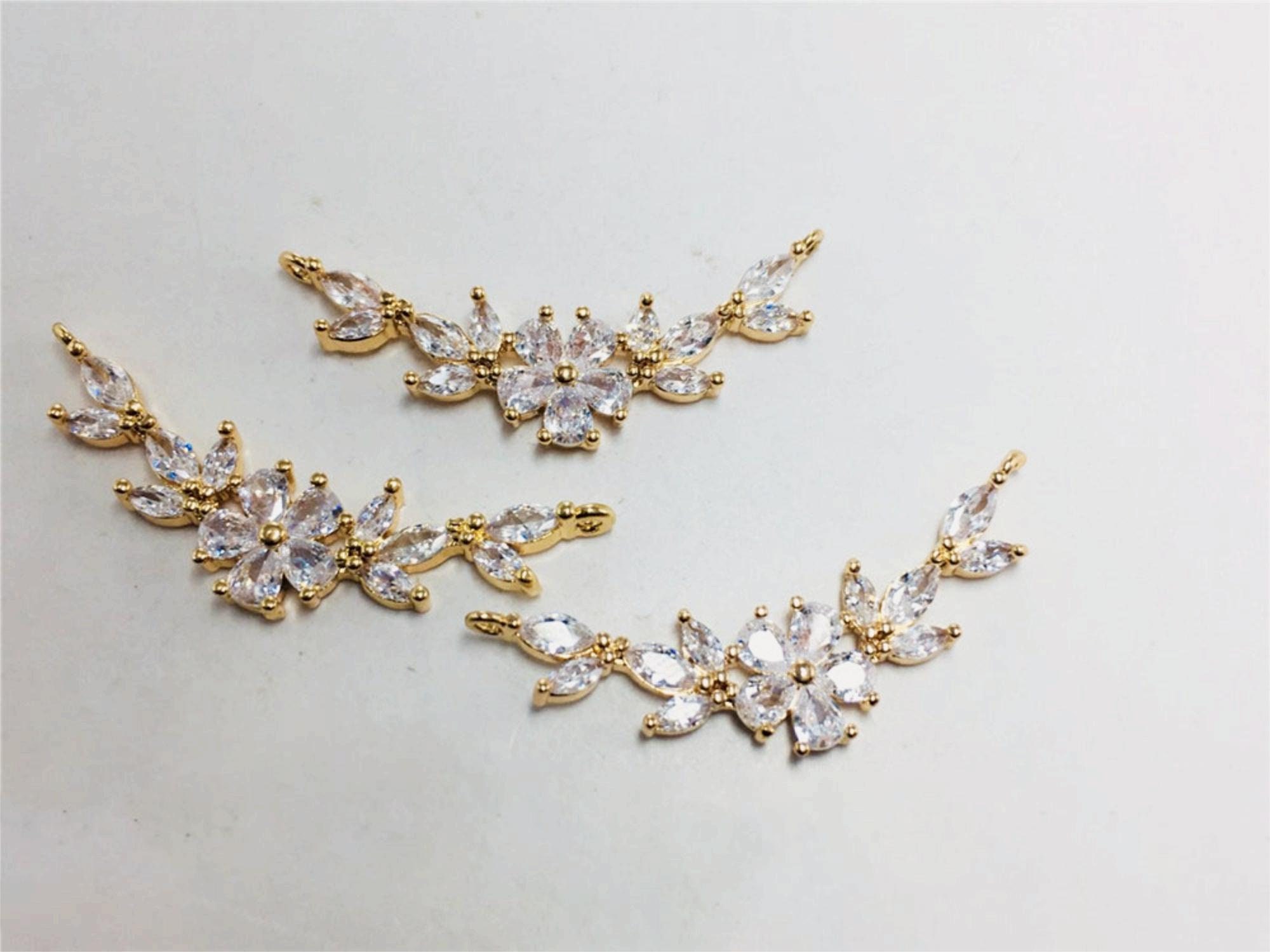 CZ Pave Leaf Connector, Cubic Zircon Crystal Leaves Pendant