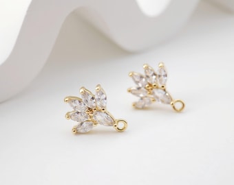 Cubic Zirconia Flower Post Earrings, Gold Plated Earring Post with Loop, Hypoallergenic, Handmade Earring Finding,DIY Earring Supplies D0244