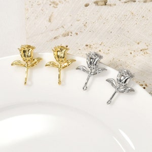 Rose Flower Earring Post, 18K Real Gold Plated Brass Stud Earring With Loop, Nickel Free, Earring Finding LL193