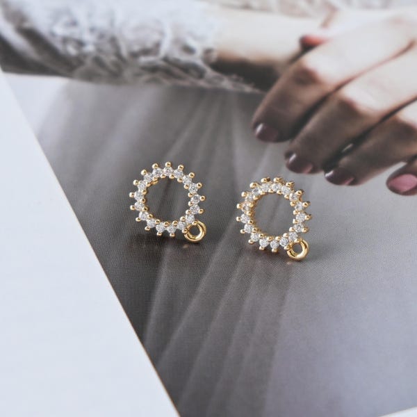 Round Flower Earring Post, 18K Real Gold Plated Brass Stud Earring With Loop, S925 Silver Pin, CZ Pave, Nickel Free, Earring Finding D0724
