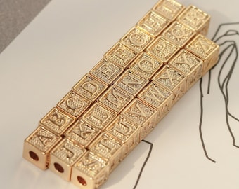 14K Gold Plated Cube Alphabet Beads, Initial Square Beads, 6x6mm, Big Hole Letter Beads for Necklace Bracelet Making B023