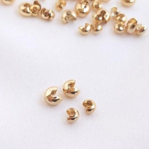 50個 - 金メッキ クリンプカバー、3 mm/4 mm カバービーズ、ゴールド クリンプカバービーズ、ゴールド クリンプビーズ、YY007