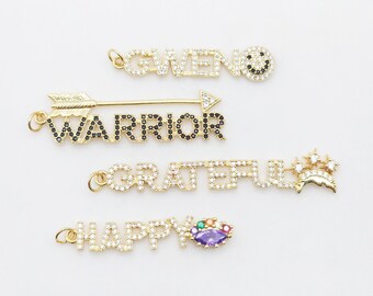 Words Pave Charm, gwen,warrior,grateful,happy, 18K Gold Plated, Necklace Making, CZ Pave, Jewelry Supplies S20582