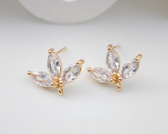 Fan-shaped  CZ Earring Post With Loop,  Pin Nickel Free Post, 18K gold Plated, Sector Hypoallergenic Earring Findings ZX178