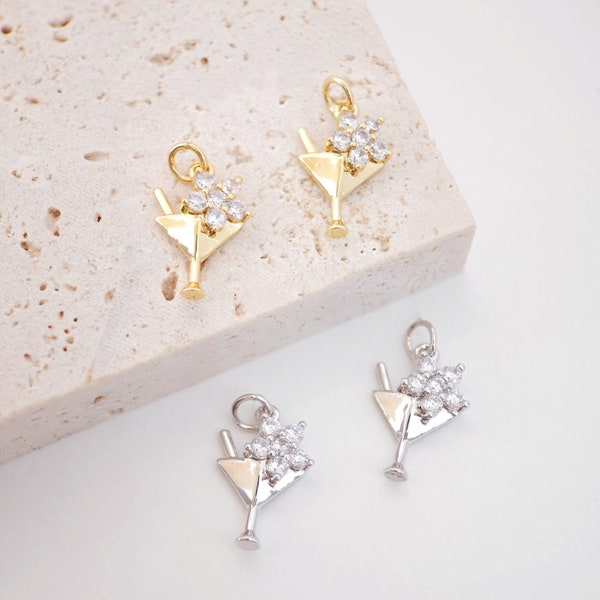 Martini Drink Charms, 18K Gold Plated Cubic Pave Charms, Cocktail Pendant, Necklace charms, 14x9mm, Jewelry Findings S810