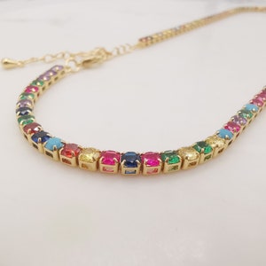 Rainbow Tennis Necklace, Tennis Chocker, 18K gold/Silver, 3mm, Adjustable, Finish Crystals Chain, READY TO WEAR S20319