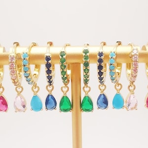 Cubic Ear Hoops Multicolor Pave Crystal, With Tear Drop Crystal, 23mm, 18K Gold Plated Leverback Earrings, Huggie Hoops Earring S20266