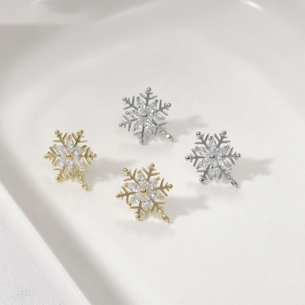 Christmas Snowflake Earring Post with Loops, S925 Silver Pin Nickel Free Earrings, CZ Pave Stud, Hypoallergenic Earring Findings YL004