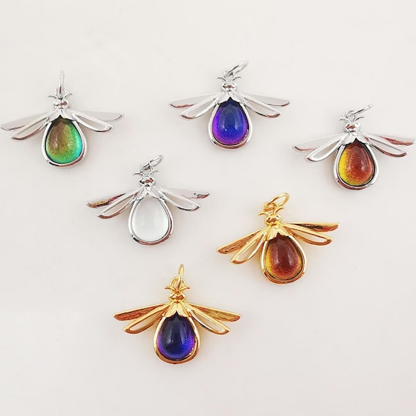 Dainty Firefly Charm, CZ Pave Flying Pendant, Drop Crystal Multi Color, 18K Gold Plated, Necklace Pendant Findings S20292