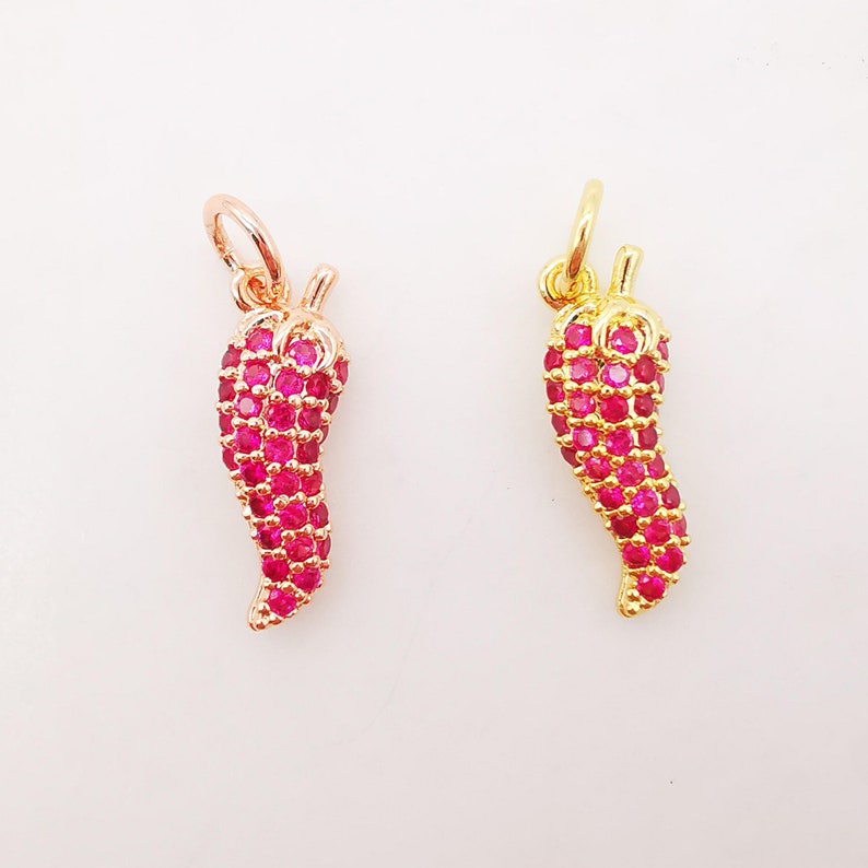 2PCS 6x15mm Chili Cubic Charms Jewelry Findings S634 Necklace charms 18K Gold Plated Fuchsia CZ Pave Pendant Pepper Shape Pendant