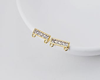 Pino retangular para brinco com zircônia cúbica, 2 argolas, pino sem níquel, banhado a ouro 18K, hipoalergênico D0391