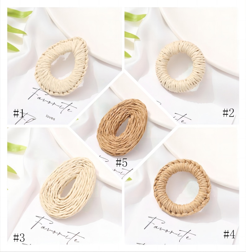 May include: A collage of five woven raffia shapes: a teardrop, a circle, an oval, and a ring. The raffia is in natural beige and tan tones. The text "Favorite loves" is visible in the background.