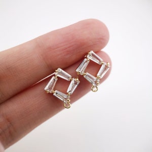 Cubic Zirconia Rhombus Post Earrings, Gold Square Earring Post with Loop, Hypoallergenic, Earring Findings, Handmade Earring Supplies D0026