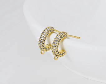 C Shape Ear Post, Nickel Free, CZ Pave,  Pin, 14*3.3mm, 18K Gold Plated Stud Earring Finding D0406