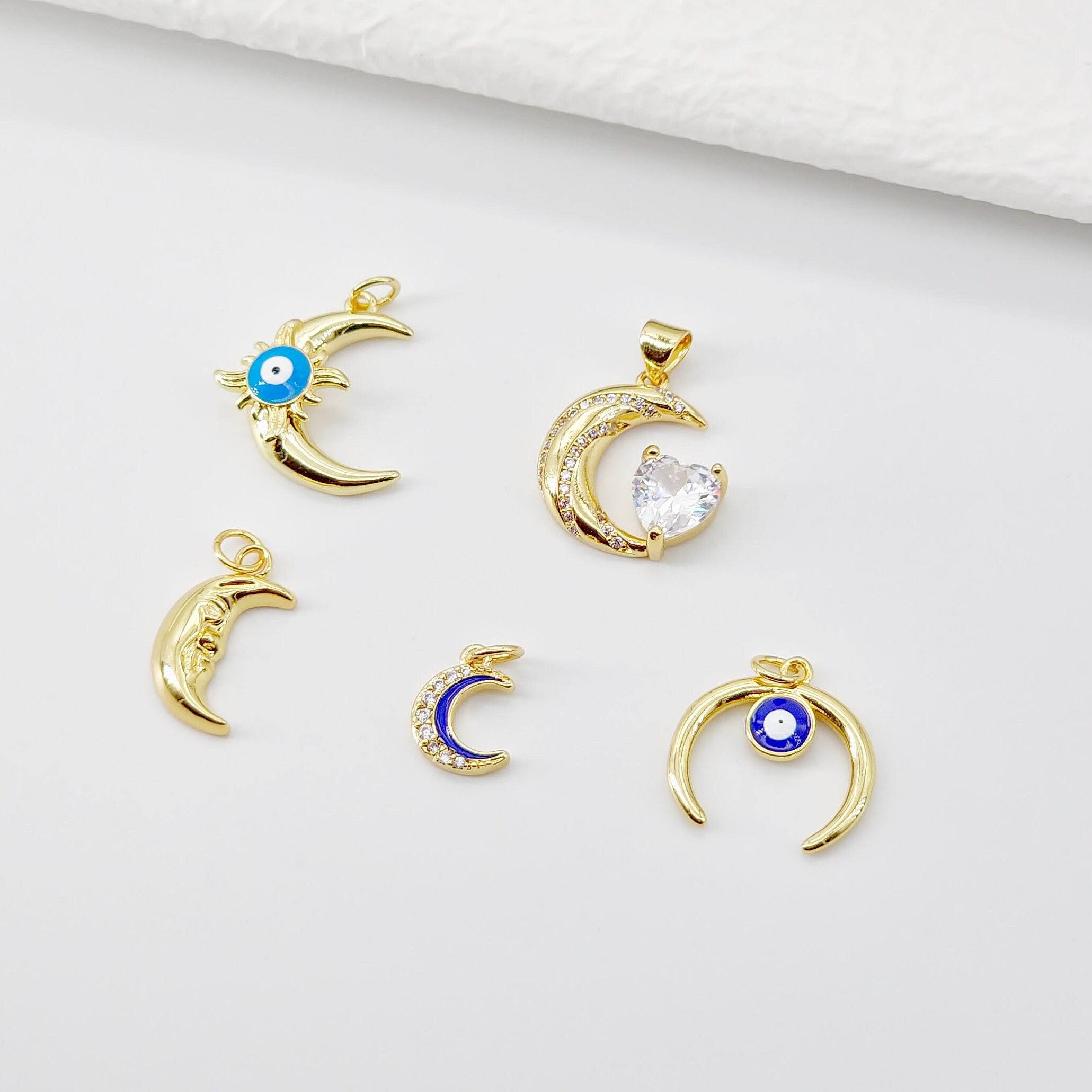 Cubic Crescent Moon Charm, 18K Gold Plated Moon Pendant, Micro CZ