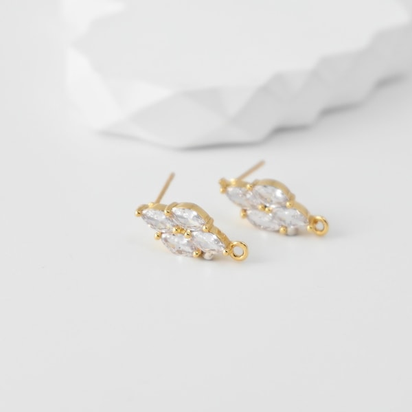 Rhombus Earring Post, 18K Real Gold Plated Brass Stud Earring With Loop, S925 Silver Pin, CZ Pave, Nickel Free, Earring Finding D0712