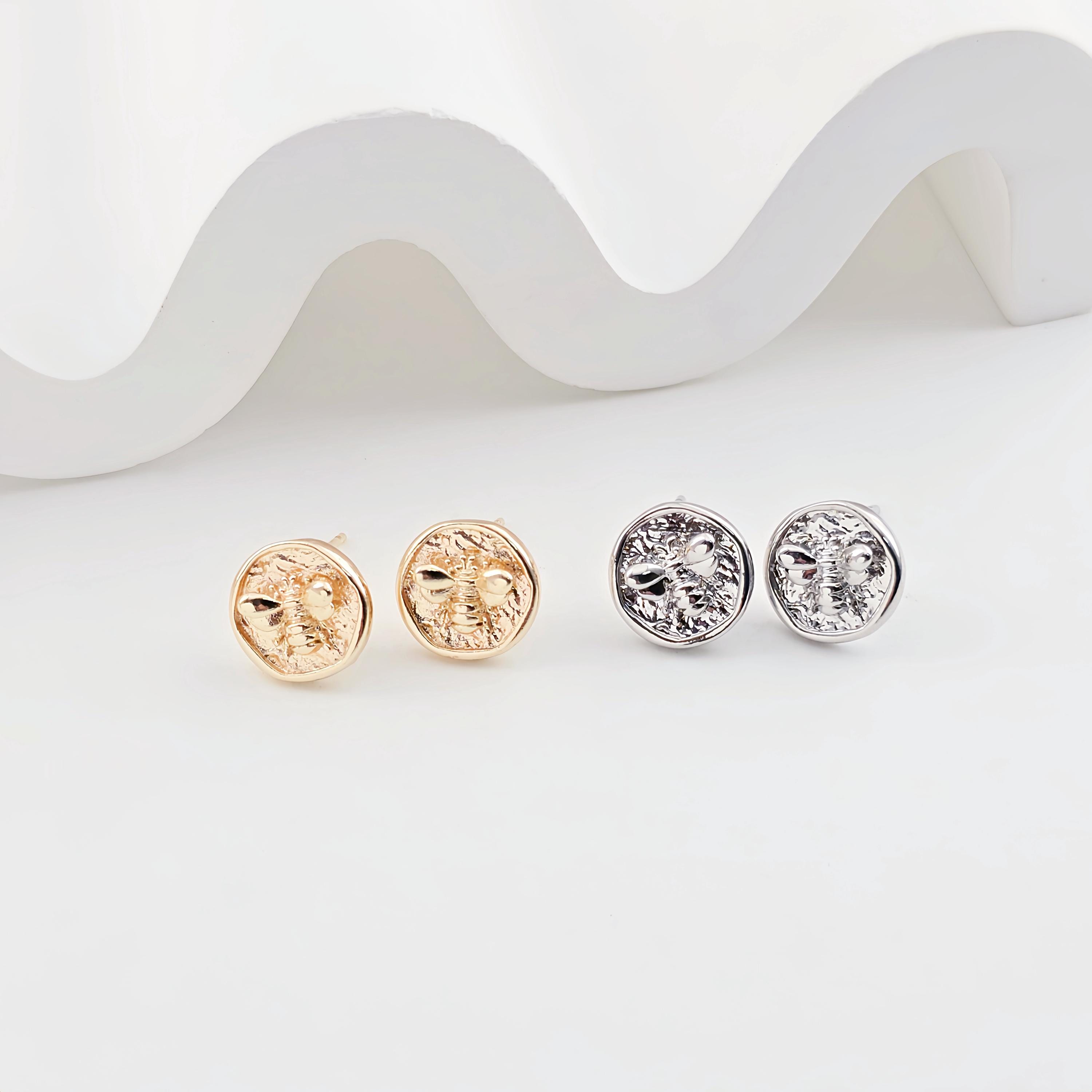 Round Gold Bee Earring Post With Loop, Pin Nickel Free Earrings