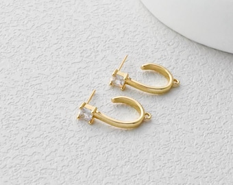 J Shape Ear Post, CZ Pave, 18K Gold/Silver Plated, Nickel Free Earrings, Handmade Earrings, Ear Stud Hypoallergenic Earring Findings D0365