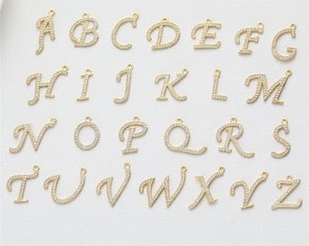 Cursive Initial Letter Charm, 14K Gold Plated, Micro Pave Zircon, Alphabet Script Letter Charm, For Necklace Bracelet Earring Making GZ1020