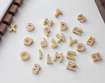 Cuentas de letras del alfabeto en oro de 18 quilates, cuentas con iniciales de circonita cúbica, dijes de letras, ahuecado por ambos lados, cuentas con iniciales de letras, para collar y pulsera S1396