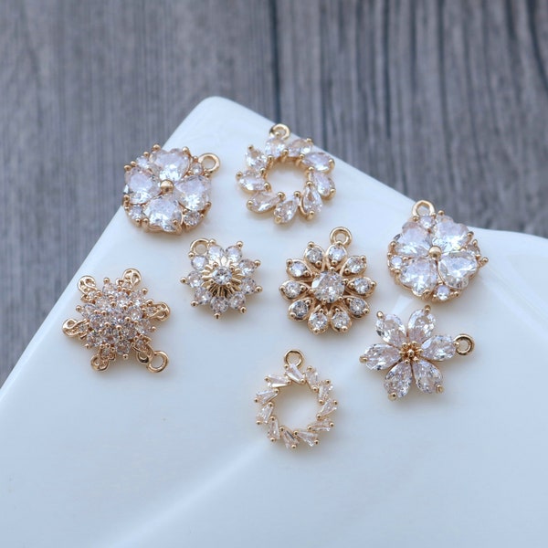 CZ Flower Charm, Cubic Zircon Crystal Flower Pendant, CZ Earring Charms,  Real Gold Plated  Earring Charms, Jewelry Findings HL006-F020
